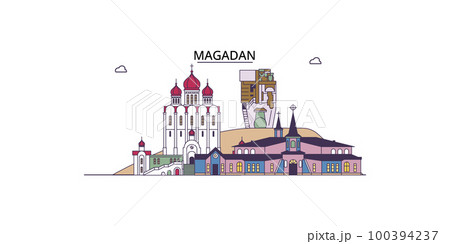 Russia, Magadan tourism landmarks, vector city travel illustration 100394237