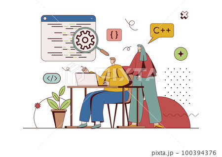 Programming software concept with character situation in flat design. Man and woman developers work in team, writing and testing code, optimize programs. Vector illustration with people scene for web 100394376