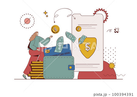 Money transfer concept with character situation in flat design. Woman makes financial transactions and manages account and digital wallet in application. Vector illustration with people scene for web 100394391