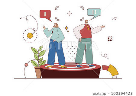 Focus group concept with character situation in flat design. Woman and man are surveyed questionnaire for marketing research data and customer behavior. Vector illustration with people scene for web Focus group concept with character situation in flat design. Woman and man are surveyed questionnaire for marketing research data and customer behavior. Vector illustration with people scene for web 100394423