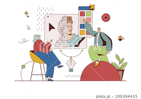 Designer agency concept with character situation in flat design. Man and woman are discussing art project, working with trendy palette and visual content. Vector illustration with people scene for web 100394435