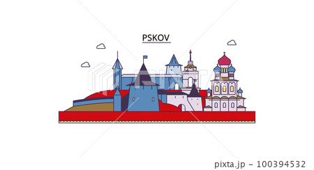 Russia, Pskov tourism landmarks, vector city travel illustration 100394532