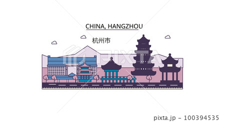 China, Hangzhou tourism landmarks, vector city travel illustration 100394535