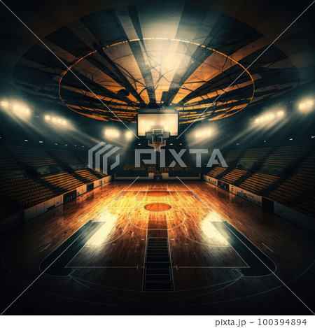 interior view of an illuminated basketball stadium. Illustration AI Generative 100394894