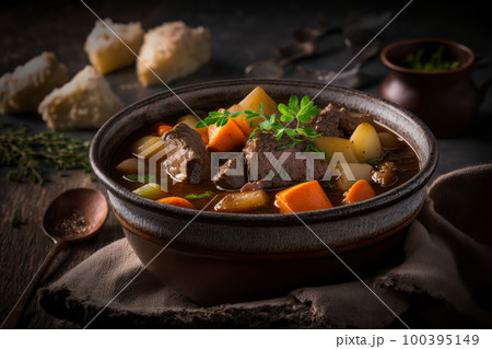 Tasty food Beef Stew with potato on a dark background. Illustration AI Generative Tasty food Beef Stew with potato on a dark background. Illustration AI Generative 100395149