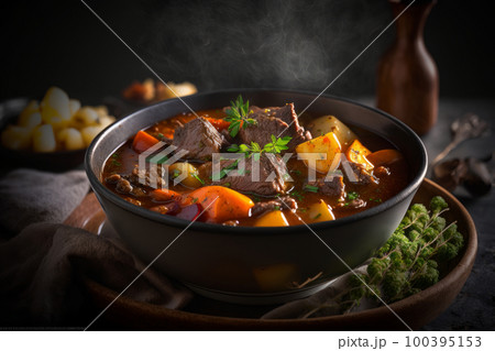 Tasty food Beef Stew with potato on a dark background. Illustration AI Generative Tasty food Beef Stew with potato on a dark background. Illustration AI Generative 100395153