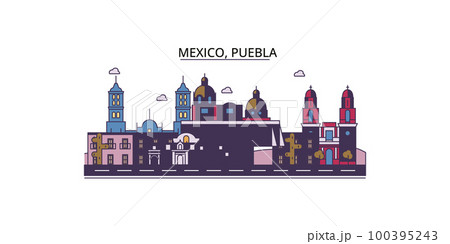 Mexico, Puebla tourism landmarks, vector city travel illustration 100395243