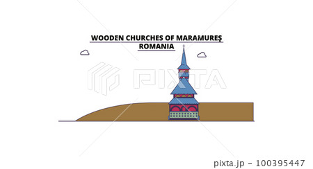 Romania, Maramures, Wooden Churches tourism landmarks, vector city travel illustration 100395447