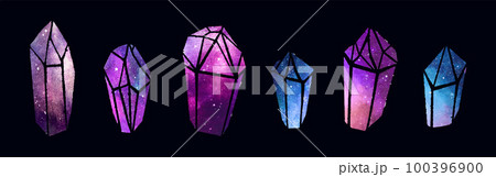 Watercolor colorful Crytal Gemstones isolated on dark background 100396900