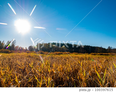Sun on a background of blue sky over an autumn field. Sun on a background of blue sky over an autumn field. 100397615
