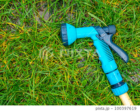 Blue gun spray water on the hose for watering the lawn. 100397619