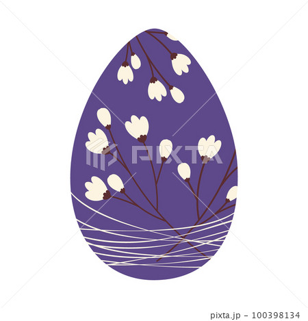 Easter egg with a pattern of cherry branches is intertwined with thin thread in trendy hue of purple 100398134