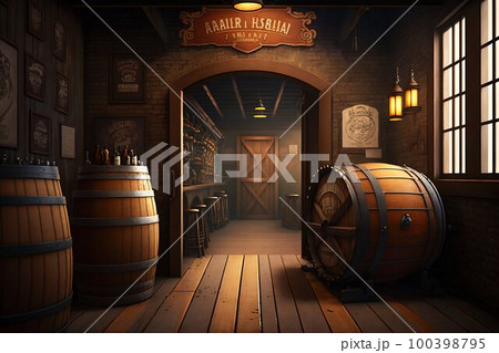 Alcohol barrel room interior. Generative AI Alcohol barrel room interior. Generative AI 100398795