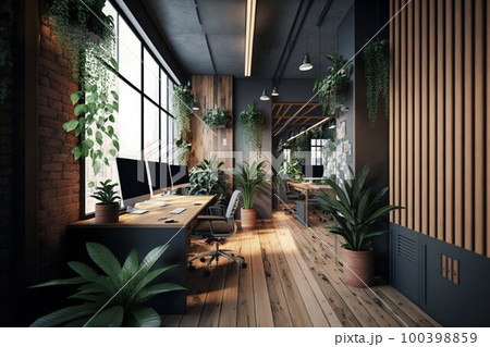 Office interior design with wall plants, wood, industrial. Generative AI 100398859