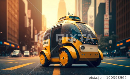 Smart robot autopilot taxi rides along city street road. Generative AI Smart robot autopilot taxi rides along city street road. Generative AI 100398962