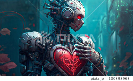 Humanoid robot with love heart in cyberpunk style. Valentine's Day. 100398963