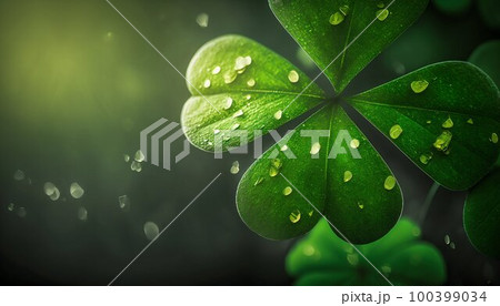 Saint Patrick green background banner with clover. Generative AI 100399034
