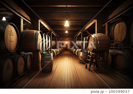Alcohol barrel room interior. Generative AI Alcohol barrel room interior. Generative AI 100399037