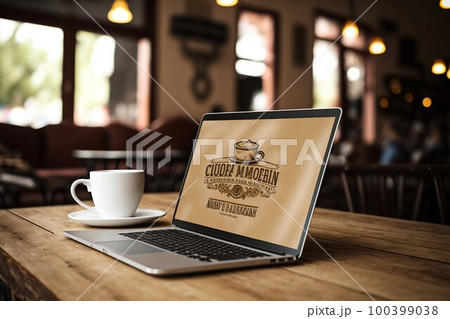 Laptop on the table in coffee house. Generative AI Laptop on the table in coffee house. Generative AI 100399038