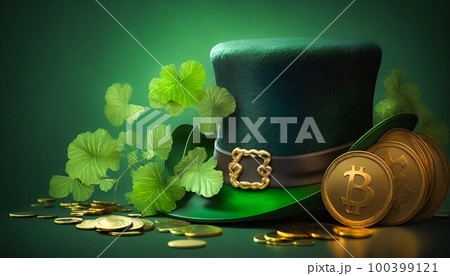 Saint Patrick hat with gold coins and clovers banner. Generative AI Saint Patrick hat with gold coins and clovers banner. Generative AI 100399121