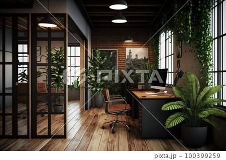 Office interior design with wall plants, wood, industrial. Generative AI Office interior design with wall plants, wood, industrial. Generative AI 100399259