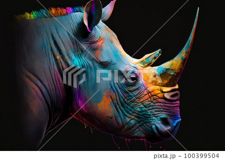 Portrait face of an rhinoceros with colorful paint. Generative AI 100399504