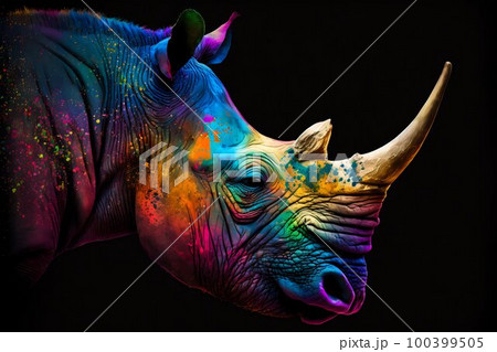 Portrait face of an rhinoceros with colorful paint. Generative AI 100399505