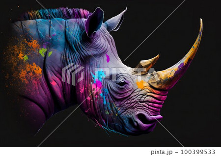 Portrait face of an rhinoceros with colorful paint. Generative AI 100399533