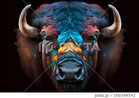 Portrait face of bison with colorful paint. Generative AI 100399542
