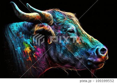 Portrait face of bull with colorful paint. Generative AI Portrait face of bull with colorful paint. Generative AI 100399552