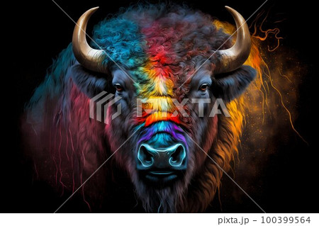 Portrait face of bison with colorful paint. Generative AI 100399564