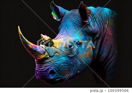 Portrait face of an rhinoceros with colorful paint. Generative AI 100399566