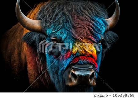 Portrait face of bison with colorful paint. Generative AI 100399569