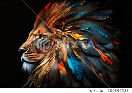 Lion portrait with color paint and feathers on black background. Generative AI Lion portrait with color paint and feathers on black background. Generative AI 100399588