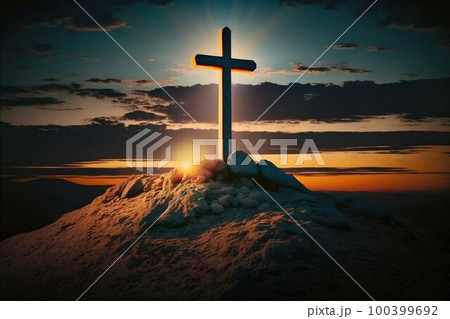 Cross of faith on a ground pile, sunset. Generative AI 100399692