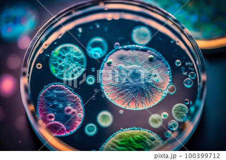 Virus and bacteria macro in Petri dish. Generative AI 100399712