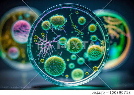 Virus and bacteria macro in Petri dish. Generative AI Virus and bacteria macro in Petri dish. Generative AI 100399718