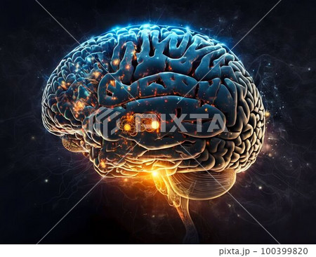 Human Brain processing glow with technology connection data symbols. Generative AI Human Brain processing glow with technology connection data symbols. Generative AI 100399820