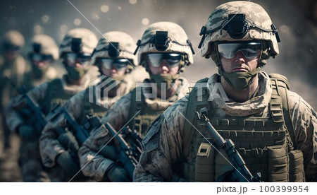 Special forces soldiers go to military operation. Generative AI 100399954