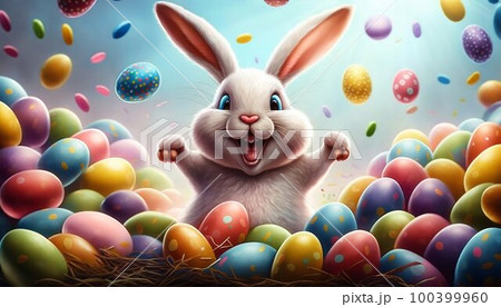 Easter bunny with many colorful easter eggs. Generative AI Easter bunny with many colorful easter eggs. Generative AI 100399960
