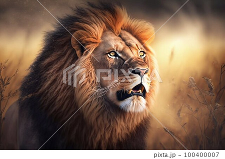 Lion in Africa closeup. Generative AI Lion in Africa closeup. Generative AI 100400007