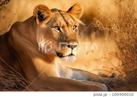 Lioness in Africa savannah. Generative AI 100400010