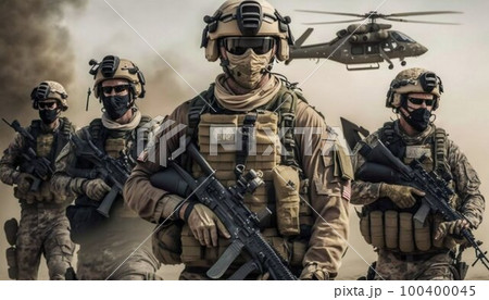 Special forces soldiers go to military operation. Generative AI 100400045