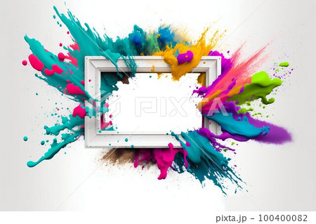 Empty blank frame with colorful powder paint explosion. Generative AI 100400082
