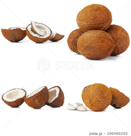 Collage of broken coconut pieces isolated on white background Collage of broken coconut pieces isolated on white background 100400205