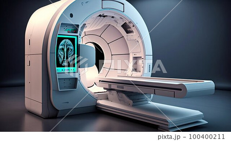 Magnetic resonance imaging scan machine MRI CT in Hospital interior. Generative AI 100400211