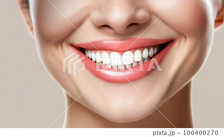 Woman beauty smile white teeth. Stomatology concept. Generative AI 100400270
