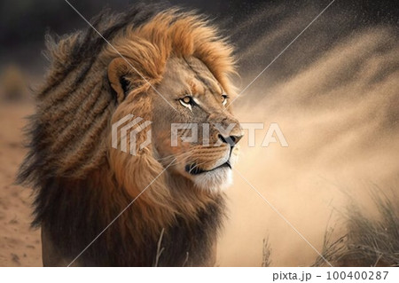 Lion in Africa closeup. Generative AI Lion in Africa closeup. Generative AI 100400287