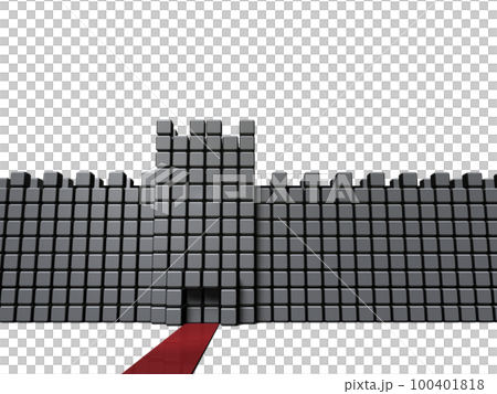 道路前方堅固而高的防禦牆和檢查站。代表阻礙您前進的路障和障礙的抽象概念。 100401818