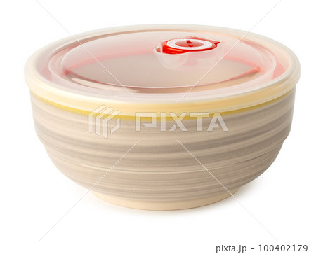 Ceramic bowl with plastic lid on white background Ceramic bowl with plastic lid on white background 100402179